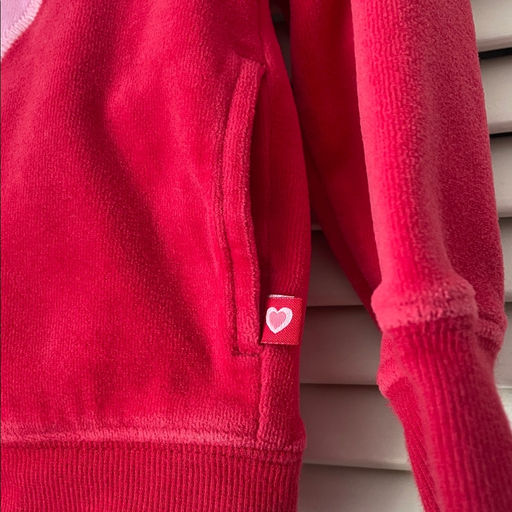GAP Kids Sz 4 Pink Heart Red velour Hoodie full zipper pockets Valentines Day - Picture 3 of 6